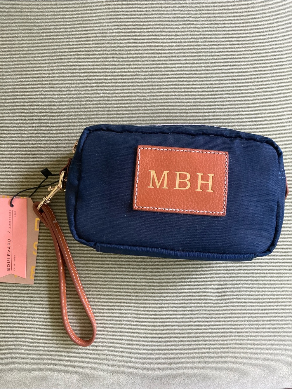 Boulevard Navy Wristlet Cosmetic Pouch with Brown Accent and initials MBH